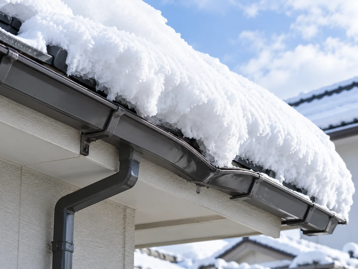 雪の重みによって雨樋が変形している様子